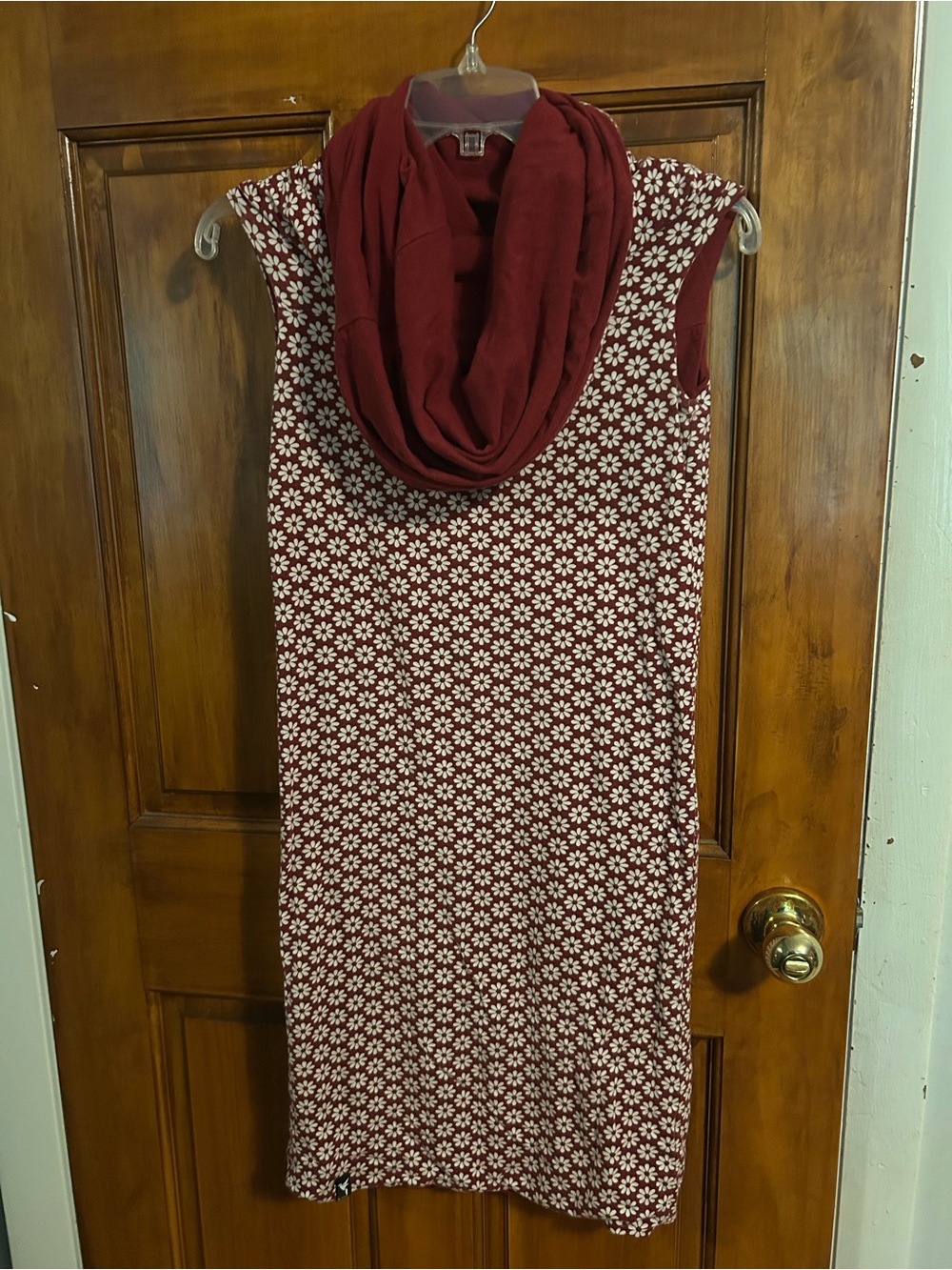 Women's Burgundy Floral Knit Sheath Dress with Scarf